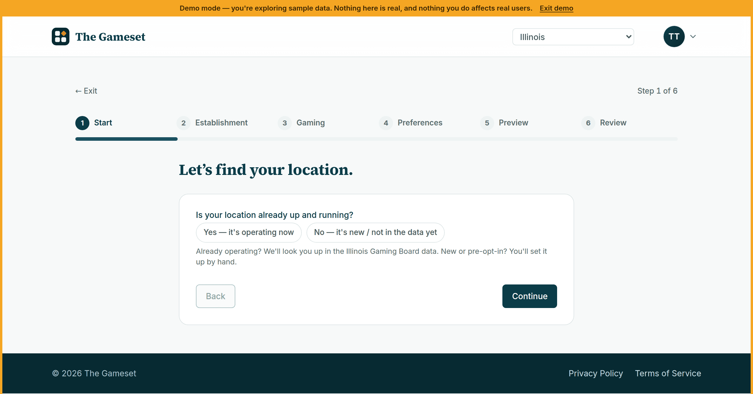 The listing wizard on step 1 of 6, showing the steps Start, Establishment, Gaming, Preferences, Preview and Review, and asking whether the location is already operating.